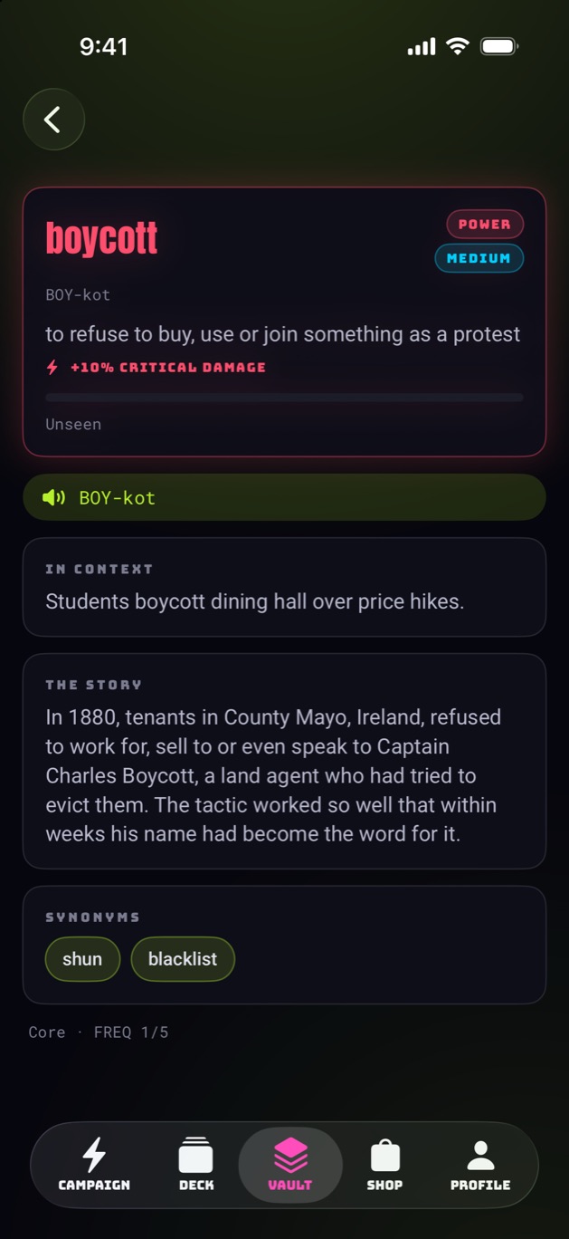 The word card for boycott, with its pronunciation, an example in context and the story of Captain Boycott.